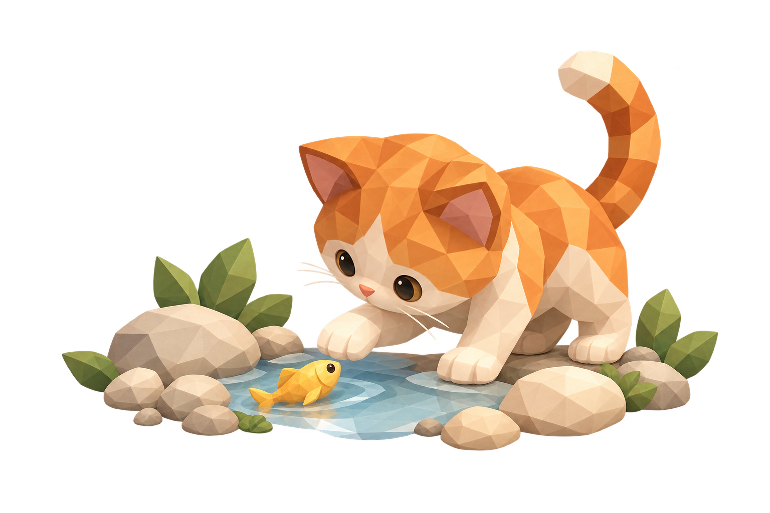 暖橘色低多边形小猫伸爪靠近一条金色小鱼